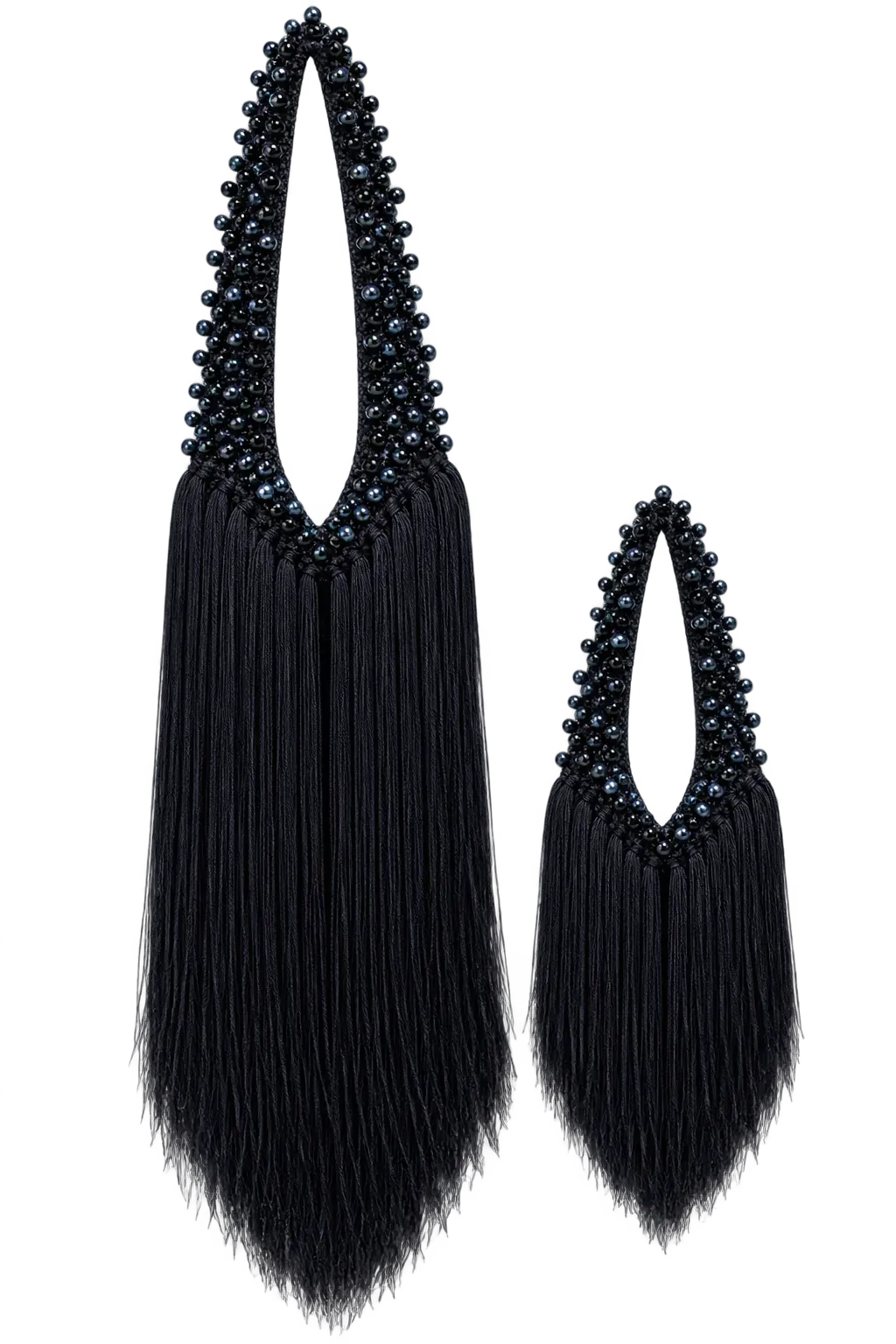 Maxi y Mini Bag Lúmina tejidos a crochet, con flecos largos y cuentas en la tira